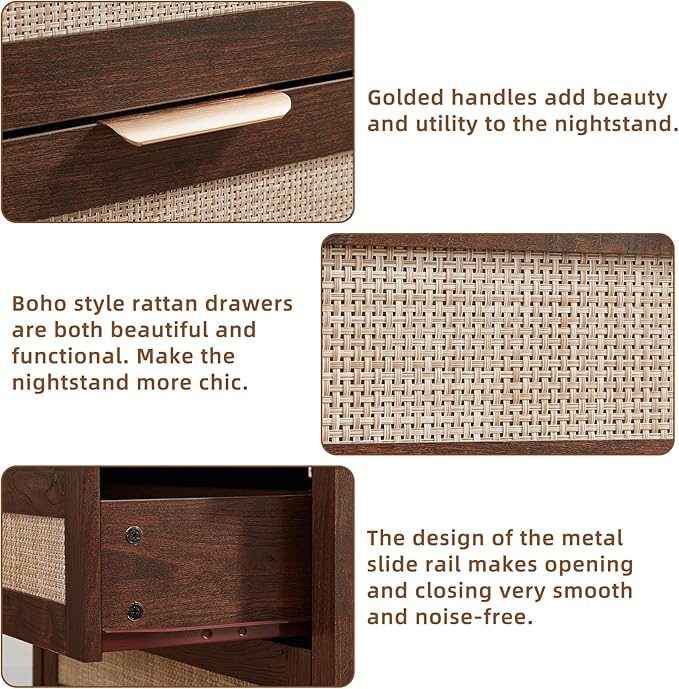 LEYAOYAO 31.5" Wide Rattan Night Stand, Large Boho Nightstand, Bedside Table with Storage, Tall Bed Side End Tables, Chest of Drawers for Bedroom, Living Room, Hallway（Walnut,2 Drawers,2）