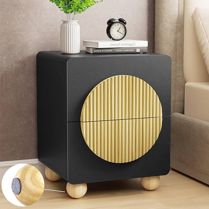 23" Black Nightstand with Solid Wood Legs, Modern Style Fluted Bedside Table with Round Moon Handle & Storage, Mid Century Cute Night Stand for Bedroom, Side Table, End Table