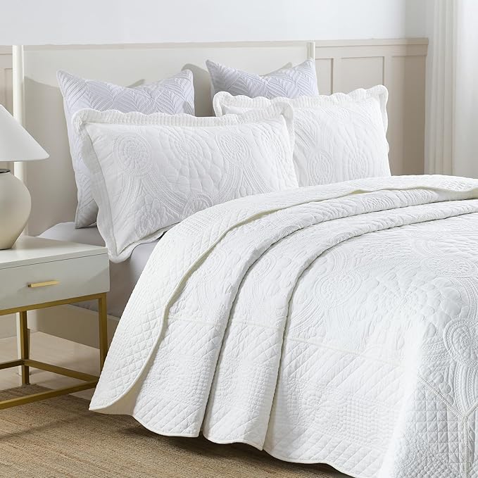 MarCielo 100% Cotton Quilt Set - 3-Piece Embroidered Farmhouse Bedspread & Shams, All-Season Breathable Bedding (Tf Bright White,Queen)
