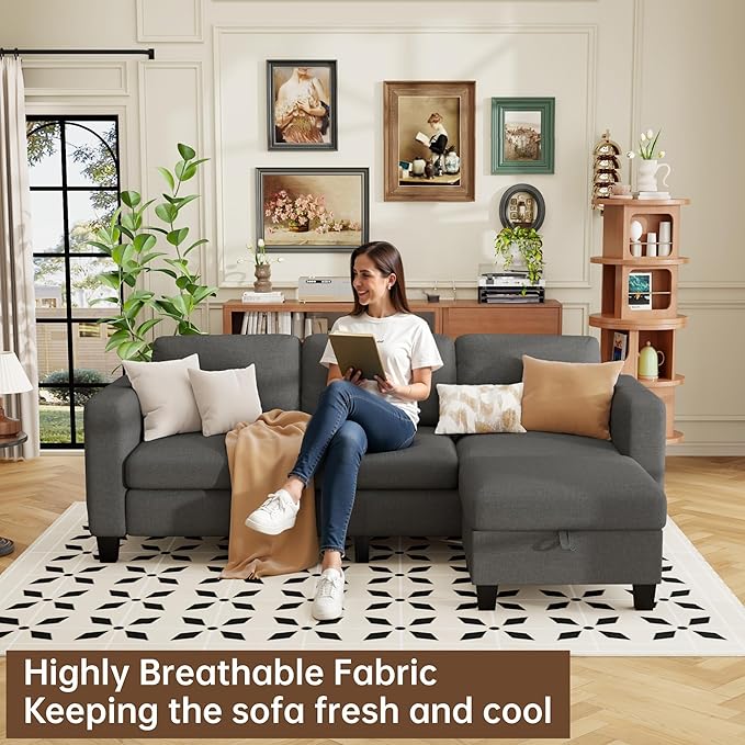 ZeeFu Sectional and Sofa Couches for Living Room - 78'' 3 Seater L-Shaped Modular Couch with Storage Ottoman - Modern Linen Fabric Upholstered Sofa Set for Small Space Apartment Office