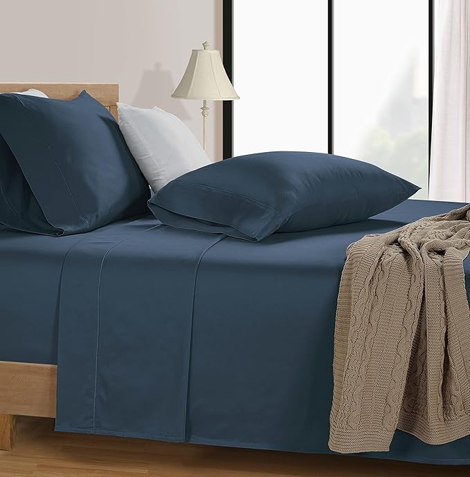 LANE LINEN Queen Bed Sheets - Pemium 600 Thread Count Long Staple 100% Cotton Sheets Queen Size Bed Set, Hotel Luxury Sateen Finish, 15" Deep Pocket Fitted Sheet, Cool & Durable - Denim