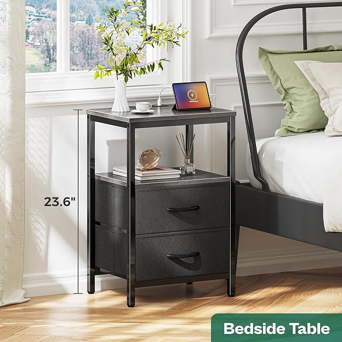Huuger Nightstand with Charging Station, Side Table with Fabric Drawers, End Table with Open Shelf, Bedside Table with USB Ports and Outlets, Night Stand for Bedroom, Charcoal Gray | with Open Shelf, for Bedroom