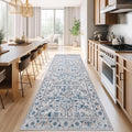 jinchan Lima Hallway Runner Rug 3x10 Washable - Vintage Floral Non Slip Low-Pile Soft Ultra-Thin Faux Wool Kitchen Rug Distressed Carpet Runner for Farmhouse Bedroom Laundry (3x10ft, Blue)