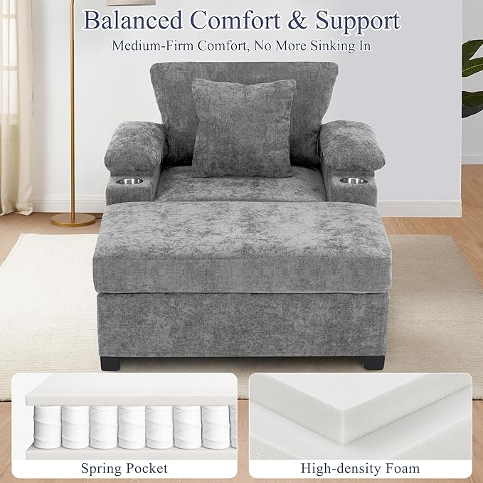 SUNWAVE 58" Chaise Lounge Chair with Ottoman, Chenille Fabric Sofa Bed, Accent Chair with Cupholders & USB Charging Ports for Living Room, Bedroom, Apartment (1 Chaise Misty Gray)