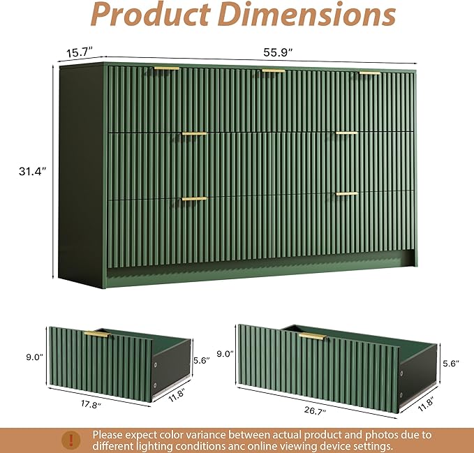 Green 7 Drawer Dresser for Bedroom, 55.9" Wide Modern Fluted Dresser with Gold Metal Handles, Wide Chest of Drawers for Bedroom, Living Room, Entryway, Hallway