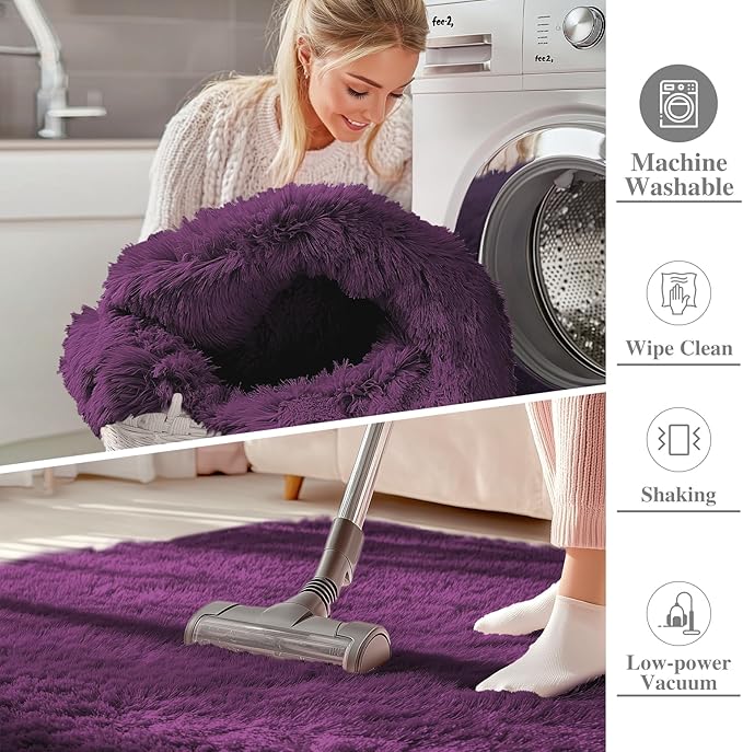 OLANLY 2x5 Machine Washable Runner Rugs for Hallway, Soft Fluffy Shaggy Bedside Rugs for Bedroom, Living Room, Indoor Floor Carpet for Kids Girls and Boys, Home Decor Aesthetic, Dark Purple