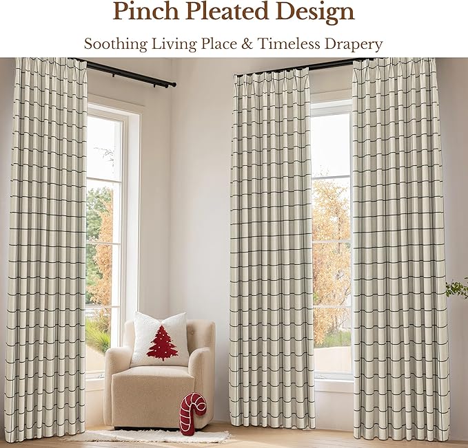 Plaid Pinch Pleated Curtains - Modern Luxury Linen Buffalo Blackout Drapes, Thermal Insulated Double Layer Window Panels for Living Room Bedroom, 84 Inches Long Black 2 Panels Set