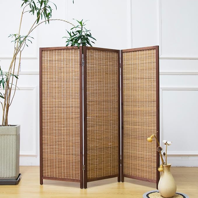 3 Panel Short Room Divider Screen,Brown Freestanding Partition,Small Bamboo Panel Divider for Room Seperation,3.95 FT Tall