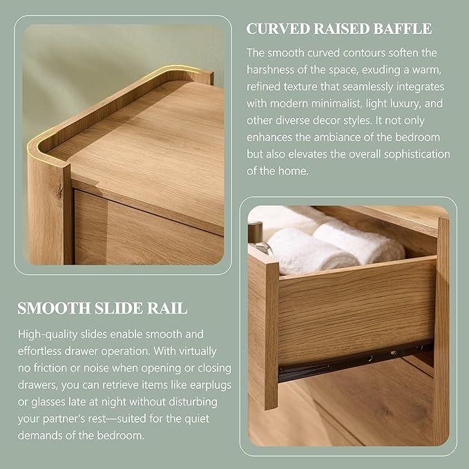 Modern 5 Drawer Dresser for Bedroom, Wooden Chest of Drawers with Curved Profile Design, 39.6" Tall Wood Dresser with Golden Metal Handle for Bedroom, Living Room, Hallway, Natural
