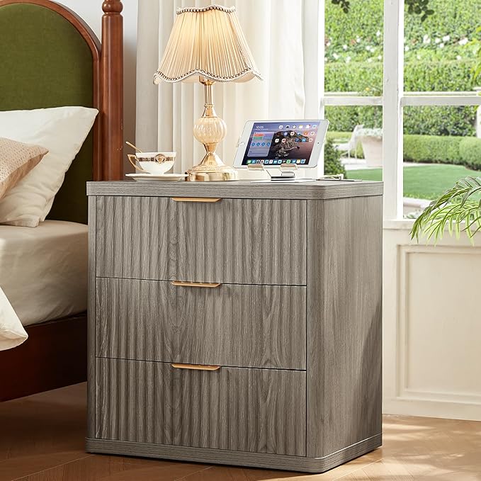 LEYAOYAO Fluted Dressers & Nightstand Set of 3, Wood 48" Wide Dresser & 42" Tall Chest of Drawers,Modern Bedroom Furniture Sets, Grey Wooden Nightstand with 3 Drawers & Charging Station