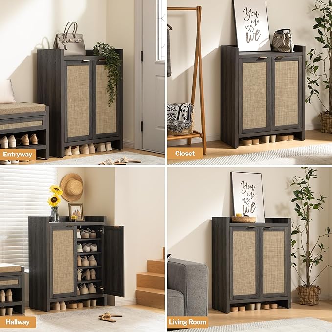 SICOTAS Shoe Storage Cabinet Set of 3, Large Capacity Rattan Shoe Cabinet for Entryway, 6-Tier 41" Tall Shoe Cabinet, Farmhouse Wooden Storage Cabinet for Living Room Hallway, Black Oak
