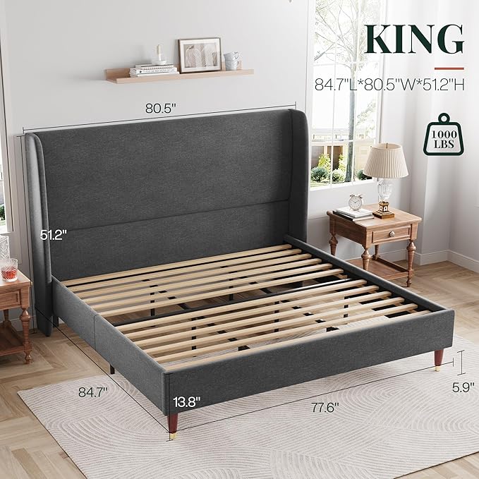 Jocisland King Upholstered Platform Bed Frame with 51.2" Tall Wingback Headboard–Solid Wood Legs, No Box Spring Needed, Dark Grey Linen–Modern Style for Any Bedroom