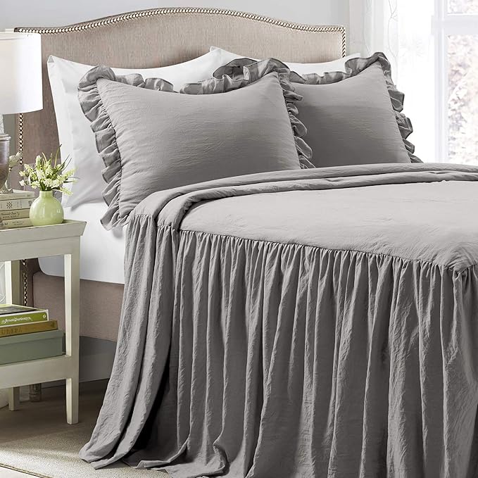 Lush Decor Ruffle Skirt Bedspread Set - 3-Piece Luxurious Farmhouse Bedding - Elegant Ruffle Detail - Timeless Style - Soft Lightweight Sheets - King, Dark Gray