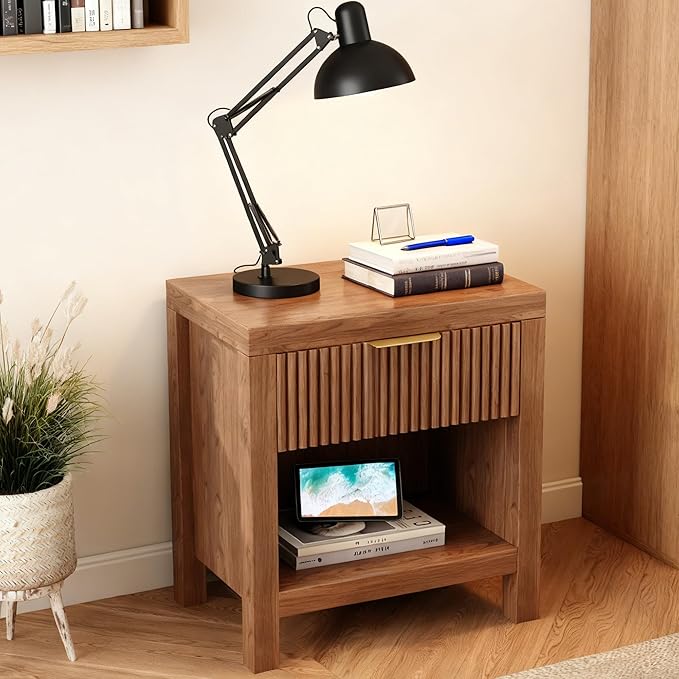 Nightstand Set of 2, End Table with 2 Drawers, Modern Bed Side Table with Storage, Farmhouse Fluted Cabinet Bedside Cabinet for Bedroom Living Room Sofa Couch Office (Walnut-2)