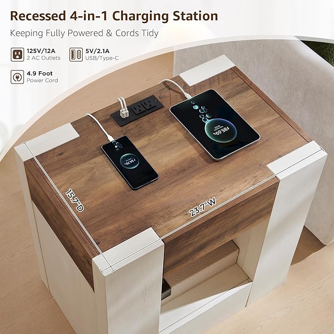 OKD Modern Nightstand with Charging Station, 24" Large Bedside Table, Rustic End Table with Drawers & Open Shelf for Bedroom/Living Room, Night Stand Wood Thick Design,Antique White