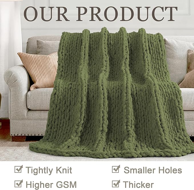 Chunky Knit Throw Blanket 50"X 60", 100% Handmade with Soft Chenille Yarn, 4.4lbs Thick Cable Knitted Blankets, Large Rope Knot Crochet Throws for Couch Sofa Bed Home Decor, Olive Green