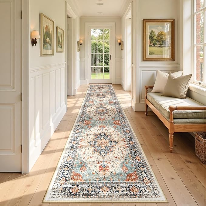 Area Rugs 2'x9' Washable Non-Slip, Floral Vintage Distress Print Pattern Medallion Carpet for Living Room Bedroom Dining Room, Beige Navy Blue Orange Colorful