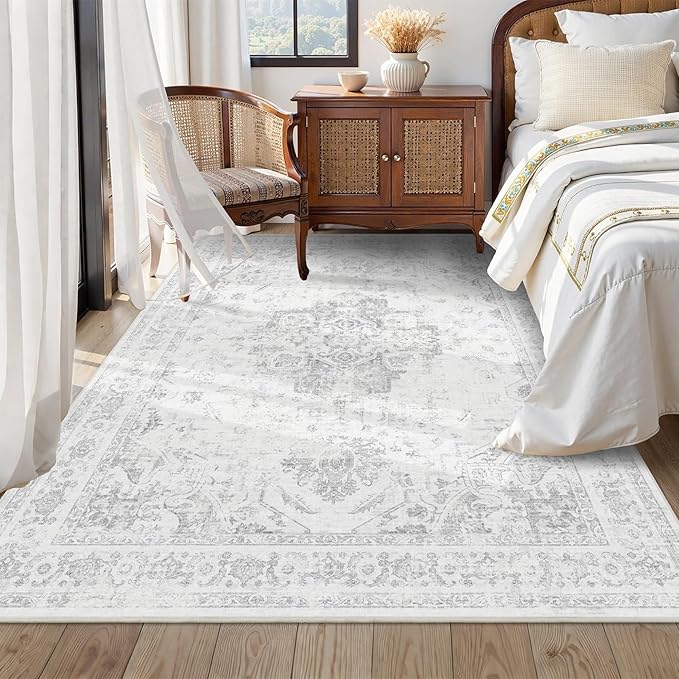 5x7 Vintage Washable Area Rugs Boho Medallion Large Distressed Retro Accent Carpet Floral Non-Slip Soft Low Pile Indoor Throw Rug for Living Room Bedroom Dining Room Office Kitchen, Gray