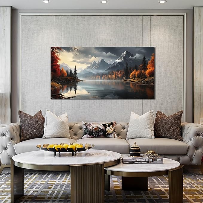 Landscape Wall Art for Living Room Bedroom Home Office Gray Wall Art Mountain Lake Pictures Modern Landscape Large Artwork Framed Canvas Prints 24x48 Inch
