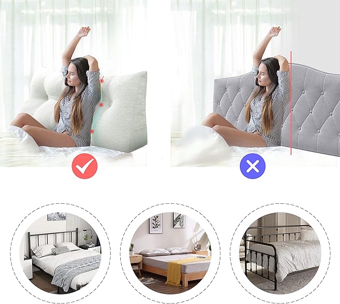 homecozy Wedge Headboard Pillow Dorm Room Reading Pillow Back Support for Sitting Up in Bed Bolster Lumbar Cushion Body Positioning Bedrest Cotton Linen 54in Grey-Beige Full