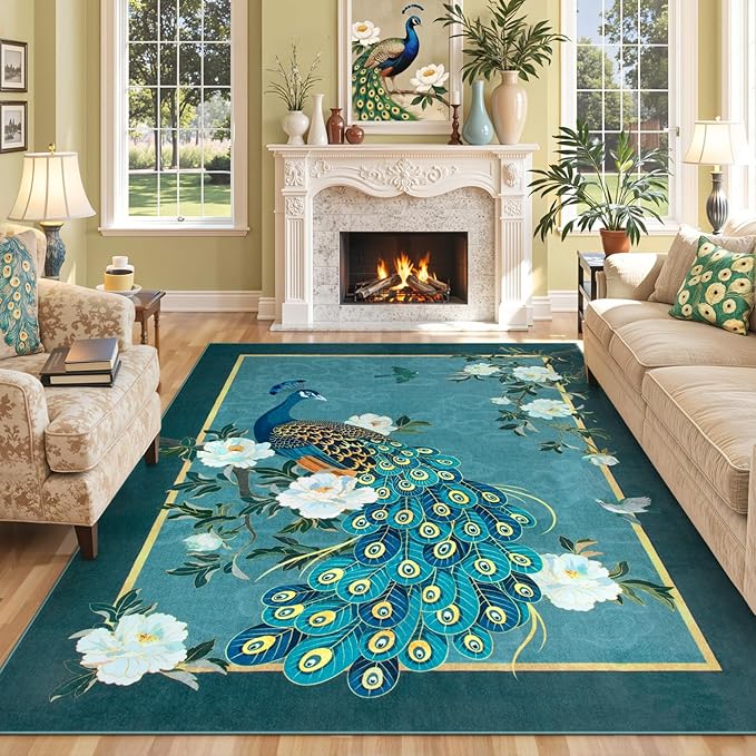 Lahome Peacock Washable Rugs 5x7, Soft Blue Rug for Living Room Bedroom, Floral Vintage Non-Slip Low Pile Stain Resistance Carpet for Farmhouse Dining Room Office, Blue