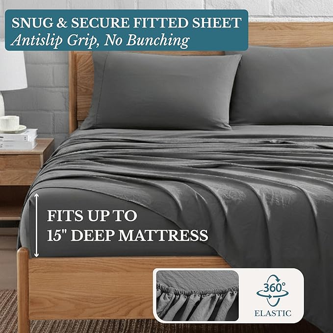 Casa Platino Queen Size Bed Sheets, Pre-Washed Microfiber Sheet Set, Ultra Soft & Cooling Bed Sheets with Deep Pockets up to 15", Cozy Hotel Quality Bedding for Queen Mattress – Charcoal