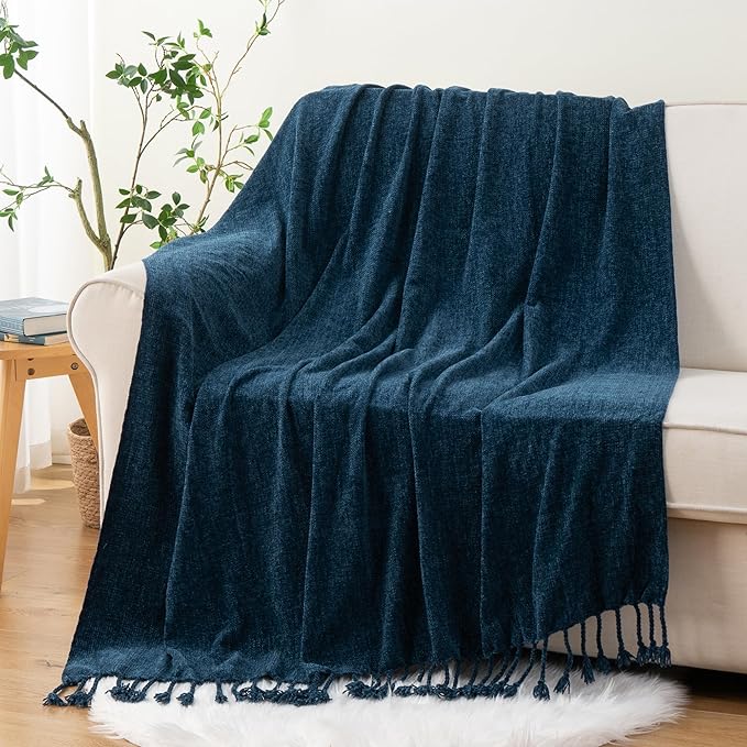 BATTILO HOME Navy Blue Chenille Throw Blanket for Couch, Bed, Sofa - Soft Cozy Chenille Knitted Throw Blanket with Handmade Fringe Tassels, Lightweight Knit Throw for Home Decor, 50"x60"