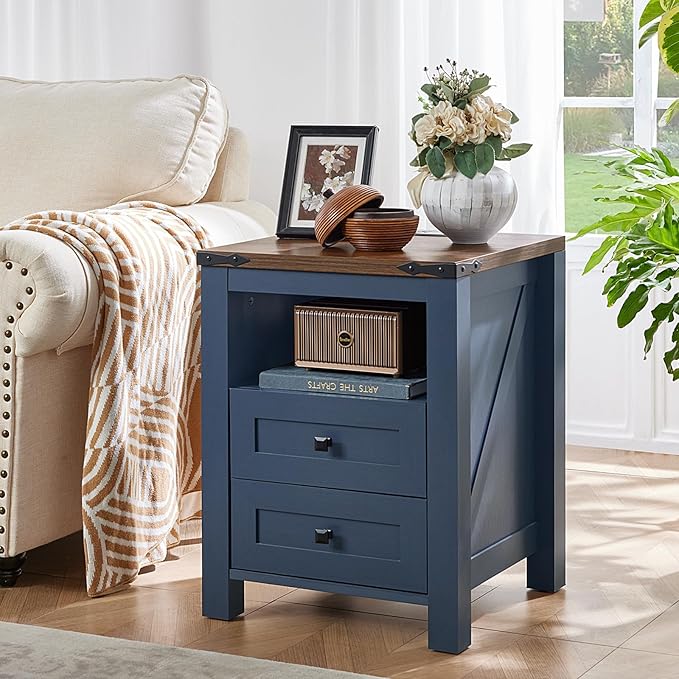 Joaxswe Nightstands Set of 2 with Charging Station, Farmhouse Night Stand with 2 Drawers and Shelf Storage, Wooden Side End Table, Bedside Cabinet for Bedroom, Living Room, Closet,Office (Blue) | with 2 Drawers, and Shelf Storage, Bedside Cabinet, for ...