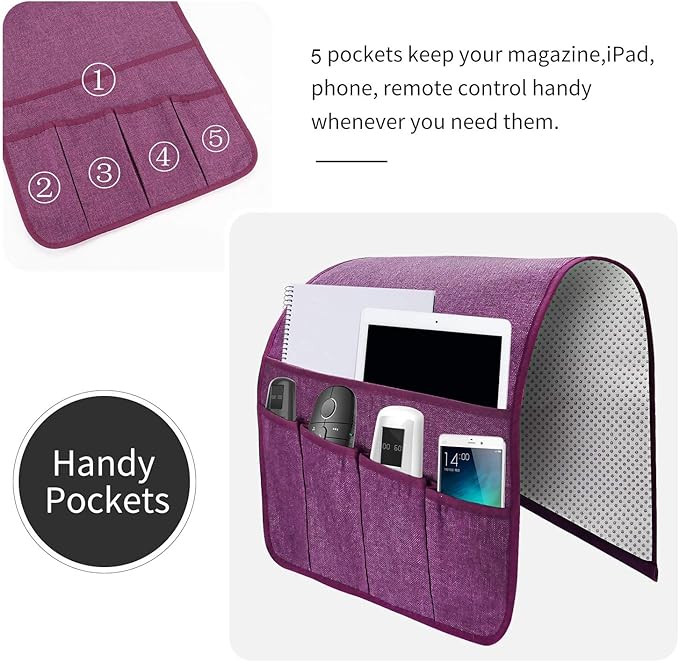 Sofa Armrest Organizer, Remote Control Holder for Recliner Couch, Arm Chair Caddy with 5 Pockets for Magazine, Tablet, Phone, iPad