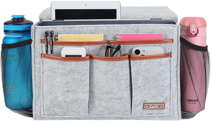 Bedside Caddy, Large Size Bedside Storage Organizer Bedside Organizer Caddy for Magazine Remotes Phone (13.4'' x 18.1'' Plus Size, Light Grey)