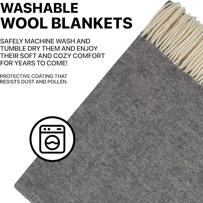 | Wool Blanket/Throw | 100% New Zealand Wool | Perfect for Home and Outdoors | Virgin Wool Throw with Fringes 75"x87" (190 x 220 cm)