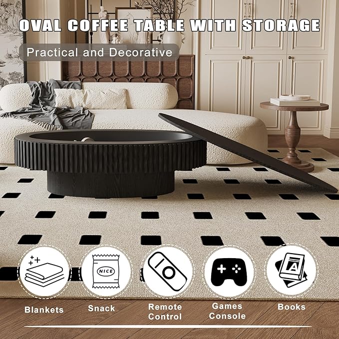 Oval Coffee Table with Storage, Modern Black Coffee Table with Solid Wood Veneered, Fluted Center Table Wood Drum Tea Table for Living Room Apartment, 47.2''L×23.6''W×14.2''H