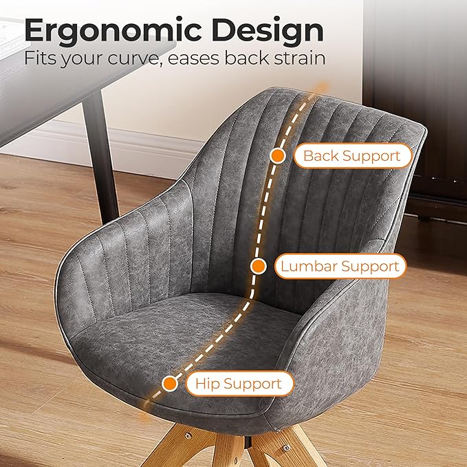Zouron Mid Century Modern Accent Chair with Oak Wood Legs, Upholstered Swivel Chair No Wheels, Side Accent Armchair Vanity Chair for Small Space Home Office Living Room Bedroom, Gray