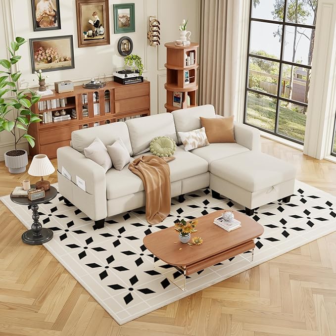ZeeFu Sectional and Sofa Couches for Living Room - 78'' 3 Seater L-Shaped Modular Couch with Storage Ottoman - Modern Velevt Fabric Upholstered Sofa Set for Small Space Apartment Office