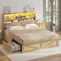 AOGLLATI Full Size Bed Frame with 4 Storage Drawers and Natural Rattan 2-Tier Bookcase Hidden Headboard, Boho Led Bed Frame Full Size with Charging Station, No Box Spring Needed, Wood