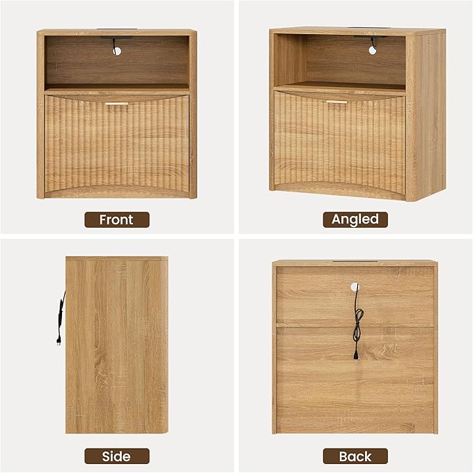 Night Stand with Charging Station, Modern Bedside Table with Drawer & Open Shelf Storage, Small Space Sidetable for Bedroom, Natural Oak