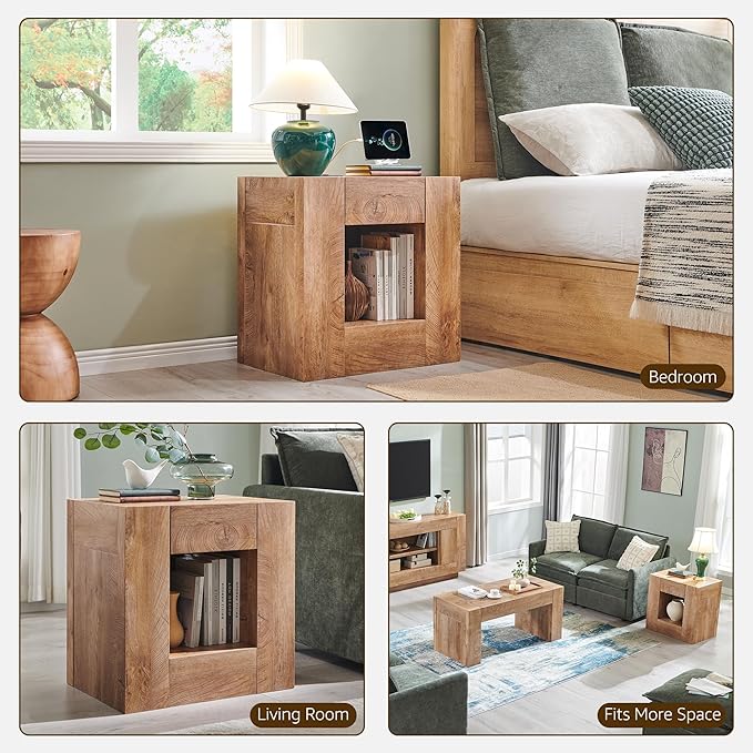 OKD 24'' Modern Nightstands Set of 2, Large Wooden End Table with Charging Station & Drawer & Storage Shelf, Rustic Square Bedside Table for Bedroom, Living Room, Wood Thick Design,Light Tree Knot