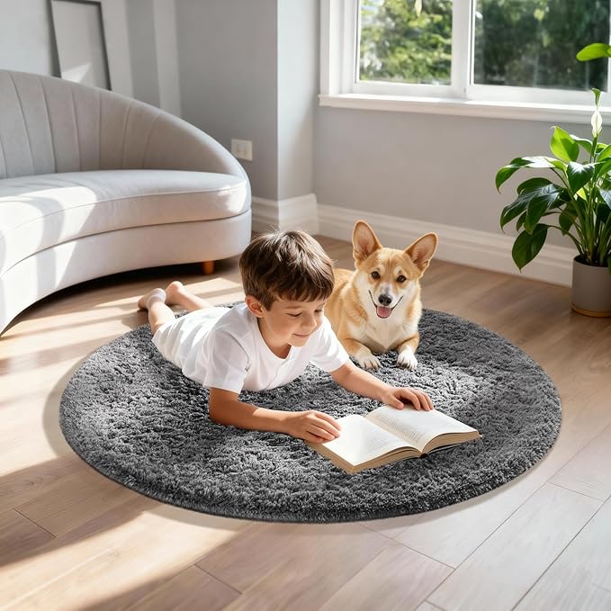 Ophanie Round Rugs 3Ft Grey Circle Area Rug,Christmas Room Decor, Aesthetic Nursery Bedroom Carpet, Fluffy Fuzzy Plush Soft Shaggy Gray Living Room Rugs for Kids Boys Girls Teen Baby Home, Dorm