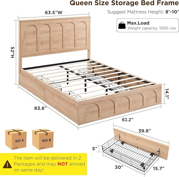 ACCOHOHO Queen Size Bed Frame Modern with 52" Tall Arched Recessed Headboard and 4 Drawers, Solid Wood Slats Support, Wood Platform, Noise Free, No Box Spring Needed, (Natural Oak)