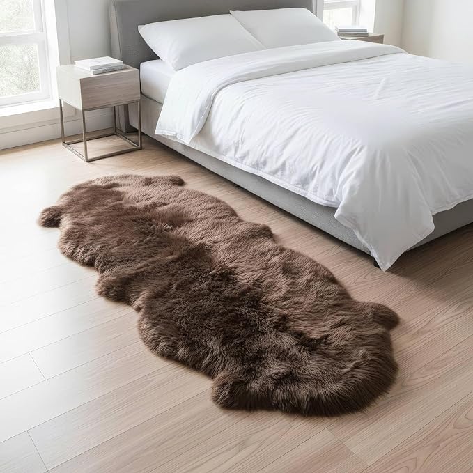 Natural & Genuine Dark Brown Sheepskin Rug, Real Fluffy Double Pelt 2x6 ft Fur Area Rug for Bedroom & Living Room Decor, Soft & Cozy Sheep Skin Throw