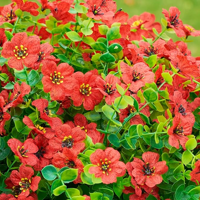 HyeFlora Artificial Flowers for Outdoor Indoor Garden Home Decoration, Faux Flower Daisy with Eucalyptus Leaves Fake Plants Greenery Boxwood Porch Patio, 12 Bundles (Red)