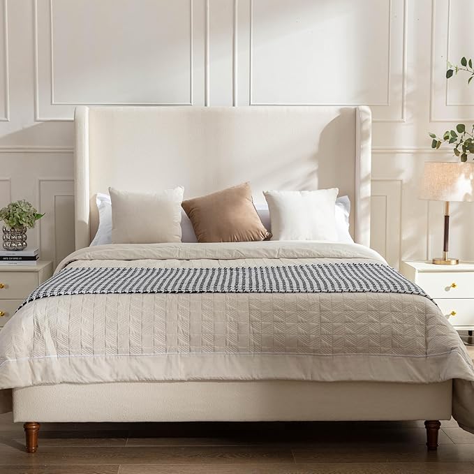 Harper Bed Frame with 54" Extra-Tall Headboard - Modern Wingback Upholstered Platform Bed, Textured Boucle Fabric, 1000lbs Heavy Duty Support, No Box Spring Needed(Ivory, Queen U.S. Standard)