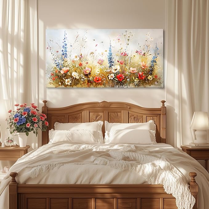 SERIMINO Modern Wildflower Wall Art, Rustic Botanical Floral Extra Large Artwork, Flower Market Canvas Art Prints, Nature Plant Wall Pictures for Living Room Dining Room Farmhouse Cottage 29X57 Inch
