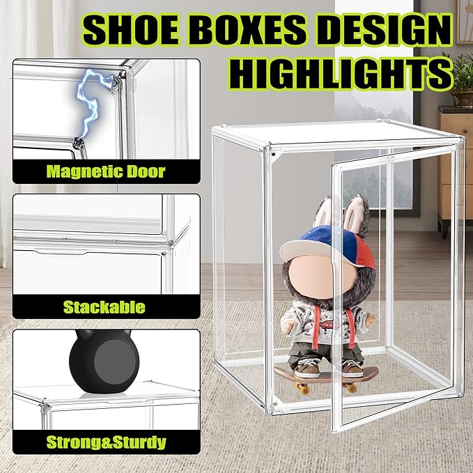 5 Pack XXX-Large Acrylic Display Case 17.7''x13''x13'' Tall Boot Storage Box Handbag Organizer for Closet Clear Boot Organizer Stackable Figure, Collectibles, Helmet Showcase with Magnetic Lid