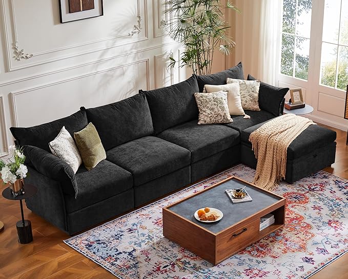 ABCASA 134.6" Luxury Modular Sectional Convertible Sofa with Storage Ottoman, L-Shape 5-Seat Oversized Comfy Couch Deep Seat with Reversible Chaise - Chenille Black