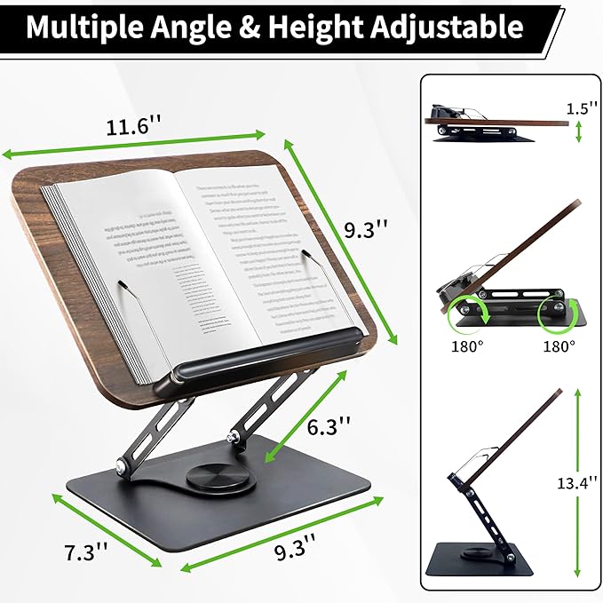 New Upgrade Book Stand for Reading, Book Holder with 360° Swivel Base, Adjustable Height & Angle Cookbook Stand, Foldable Recipe Book Holder for Kitchen, Textbook, Music Stand, Lightweight & Portable