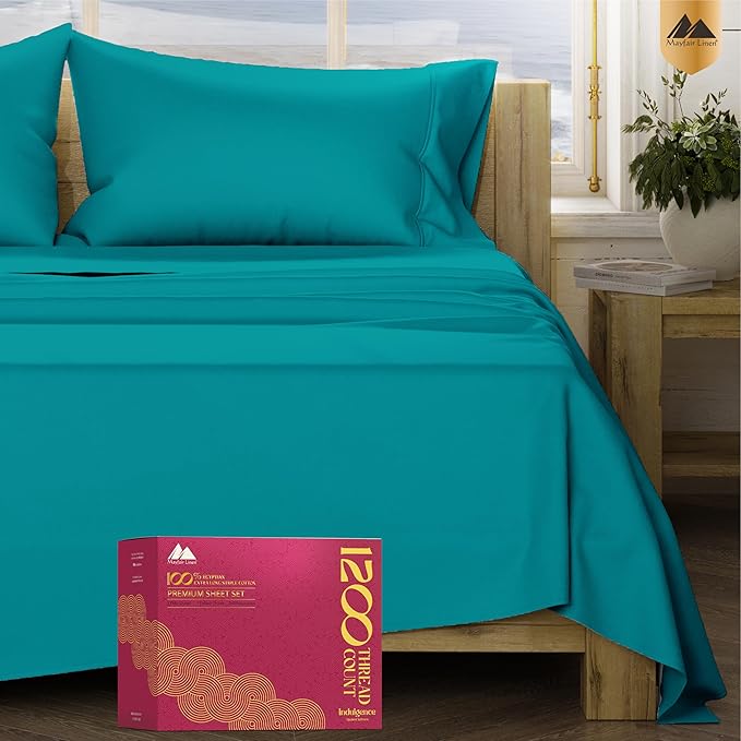 Mayfair Linen 100% Egyptian Cotton Queen Sheet Set - Luxury 1200 High Thread Count Egyptian Cotton Sheets Queen Size (4 PC, Teal), Silky Soft, Cooling, 17" Deep Pocket Sateen Weave Hotel Bedding
