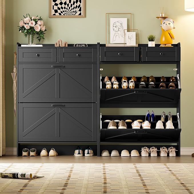 Shoe Storage Cabinet for Entryway, Farmhouse Narrow Shoe Cabinet with 2 Flip Drawers & Top Drawers, Adjustable Shelves & Hooks, Freestanding Hidden Rack Organizer for Hallway, Foyer
