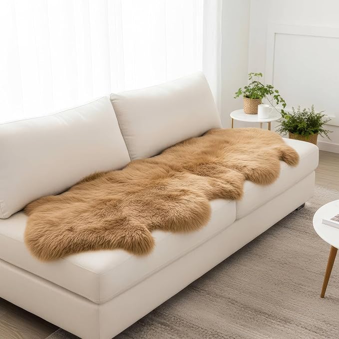Long 2x6 Sheespkin Rug Runner - Light Brown Sheepskin Fur Rugs - Great for Draping and Floor Decor - Extra Soft New Zealand Fur - Real Sheep Skin Rug for Bedroom Living Room