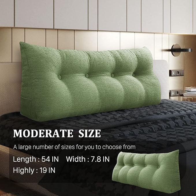 homecozy Wedge Headboard Pillow Dorm Room Reading Pillow Back Support for Sitting Up in Bed Bolster Lumbar Cushion Body Positioning Bedrest Cotton Linen 54in Grass Green Full